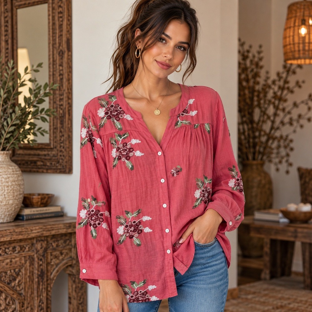 Fig and Flower Pink Embroidered Floral Gauze Button Down Top Plus Size 2X Boho